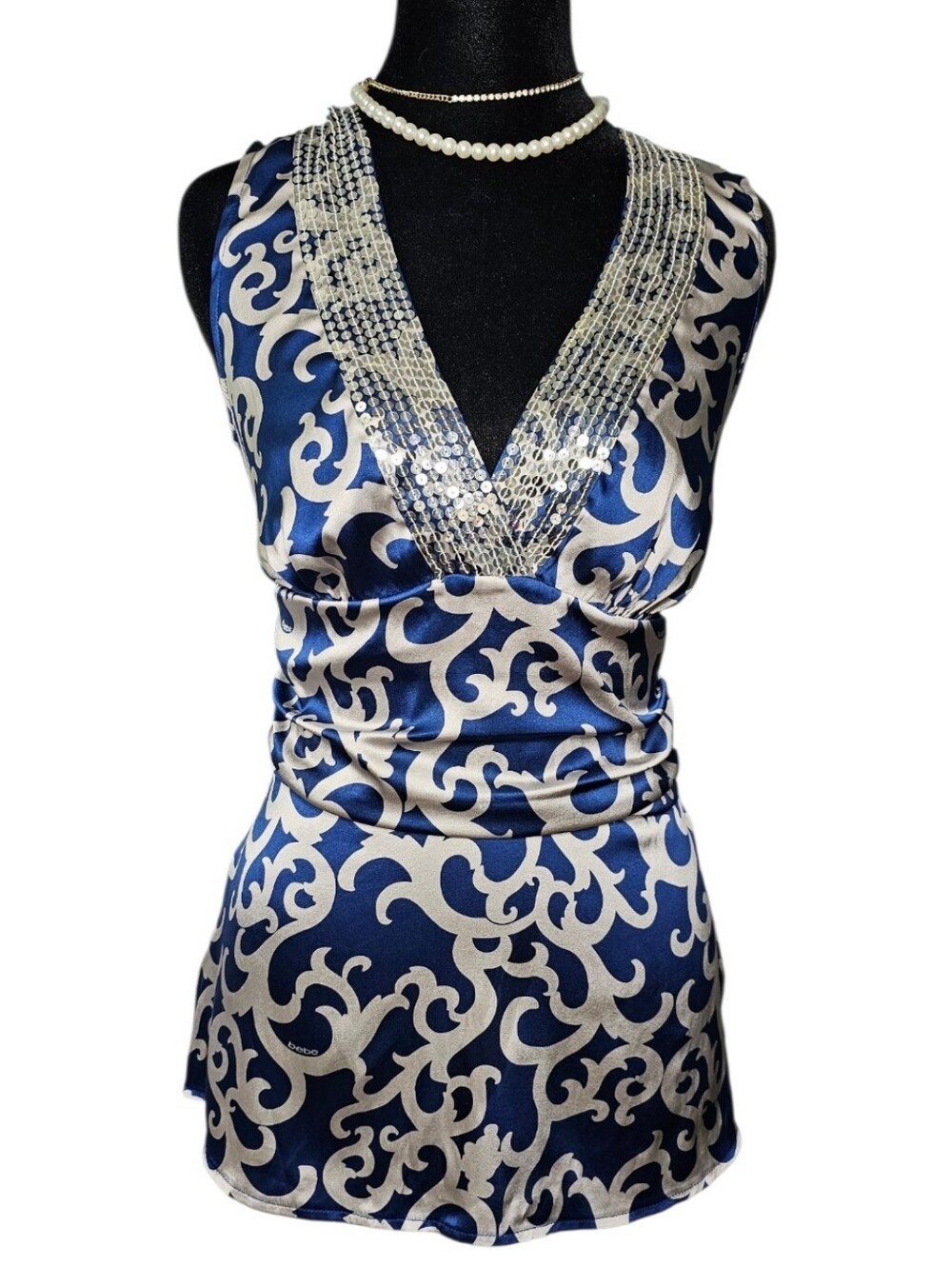 Vintage Y2K Bebe Silk Sequin V-Neck Top Royal Blue Baroque Scroll